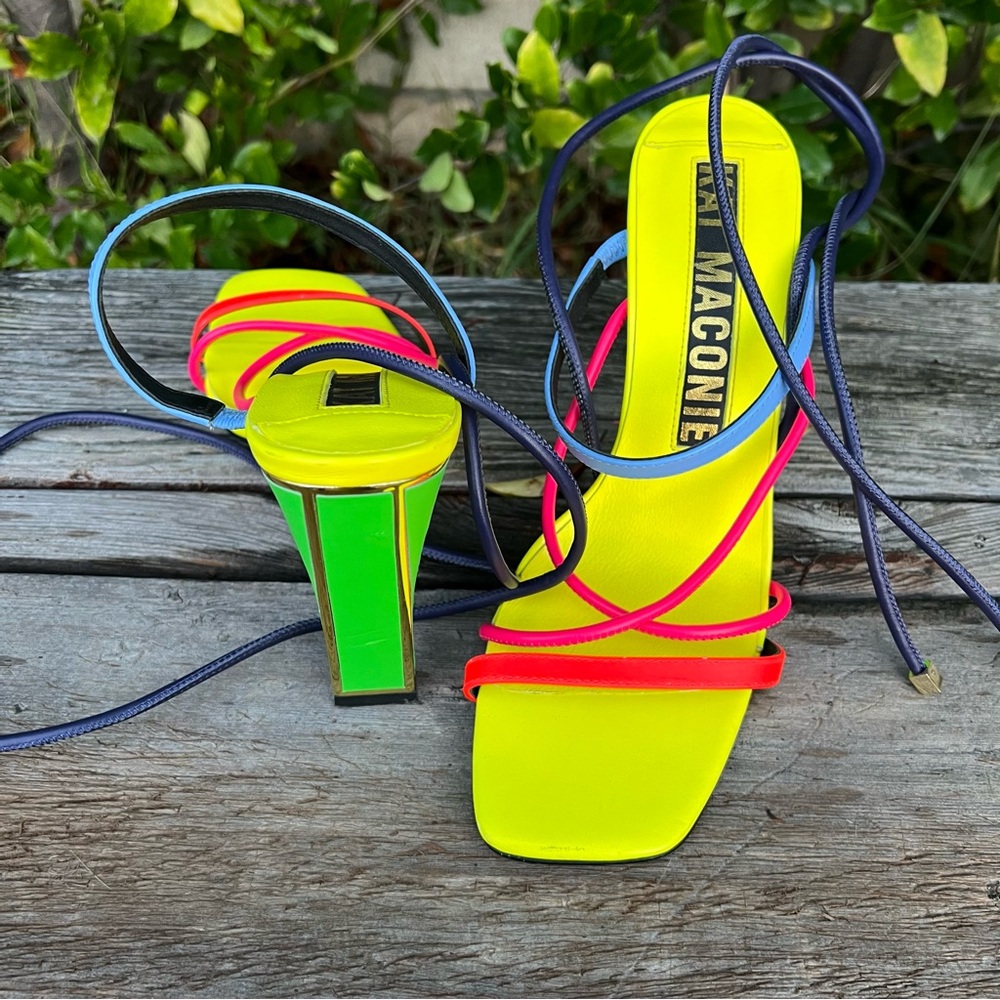 Kat Maconie Ashleigh Neon Yellow Pink Strappy Heels - Picture 5 of 14